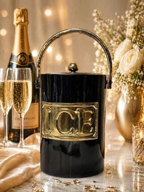 Vtg Georges Briard Ice Bucket Black Vinyl Gold Metal Oversized Champagne Wine